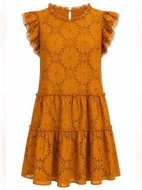 Anthropologie Blue Tassel Lace Dress 2X Rust Orange Ruffle Boho